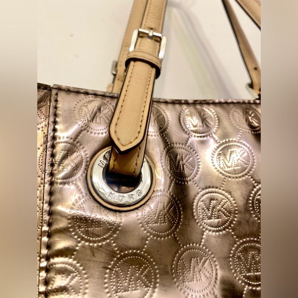 Michael Kors Bronze Metallic Logo Shoulder Purse Handbag Tote - Picture 3 of 14